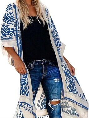 Blue & White Floral Printed Kimono Swim Beach Cruise Cover-Up Tassels ONE SIZE
